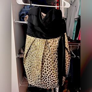 Medium Aryn K (boutique) strapless black with gold polka dot dress